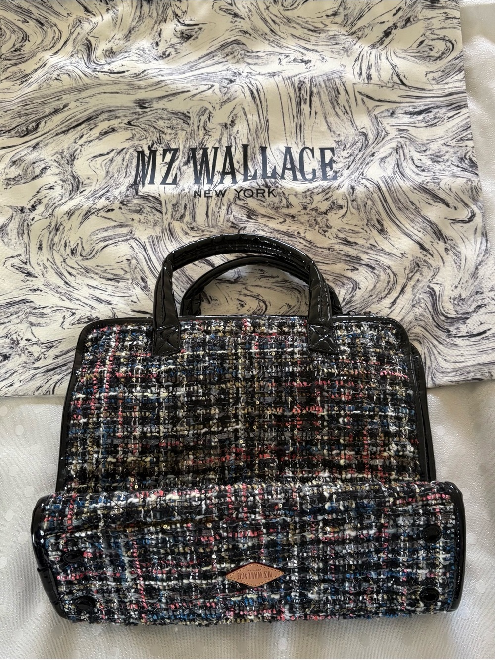 MZ WALLACE Black-Trim Tweed Satchel with Multicolor Weave